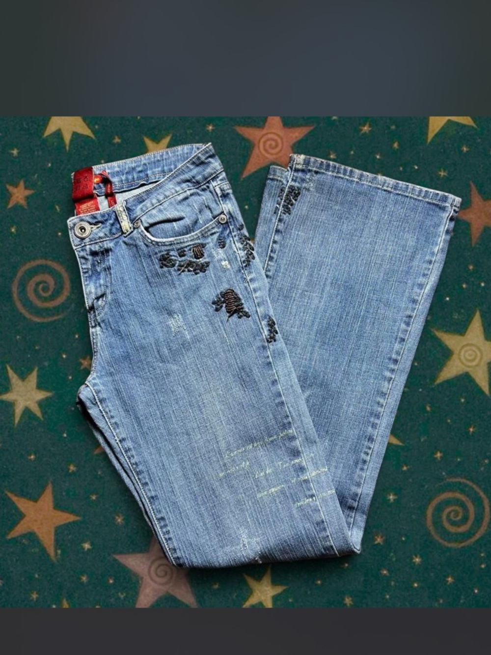 American Exchange Light Blue Boot Cut Jeans with Black Embroidery